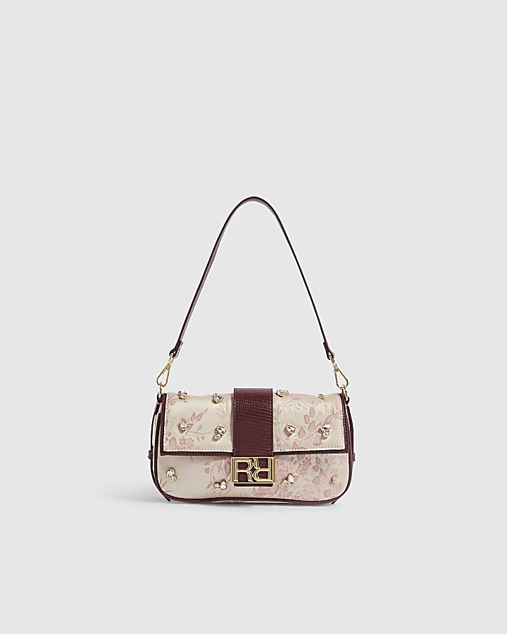 Beige Floral RR Tab Shoulder Bag