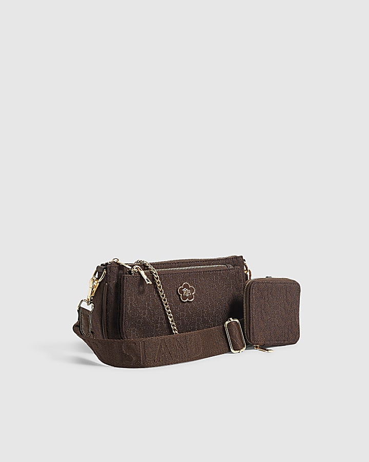 Brown Double Pochette Pouch Crossbody Bag