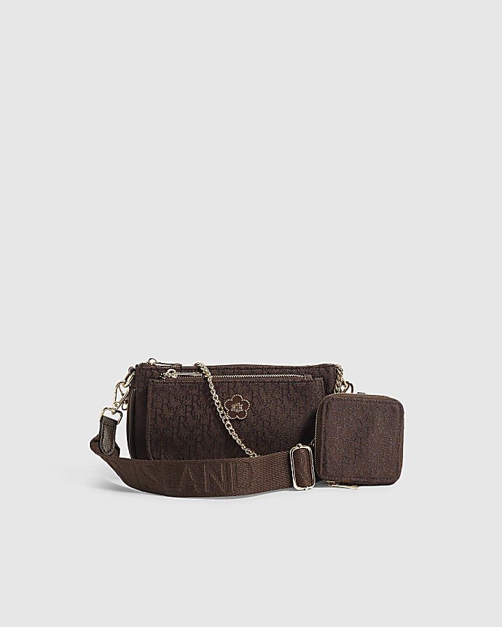 Brown Double Pochette Pouch Crossbody Bag