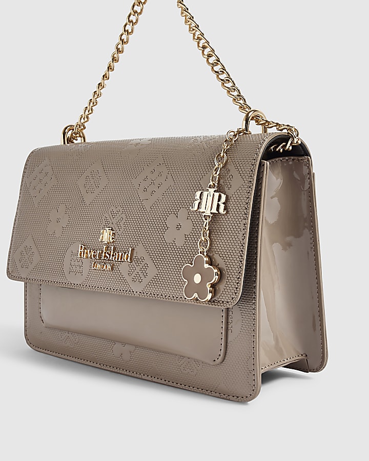 Beige Patent Embossed Pocket Shoulder Bag