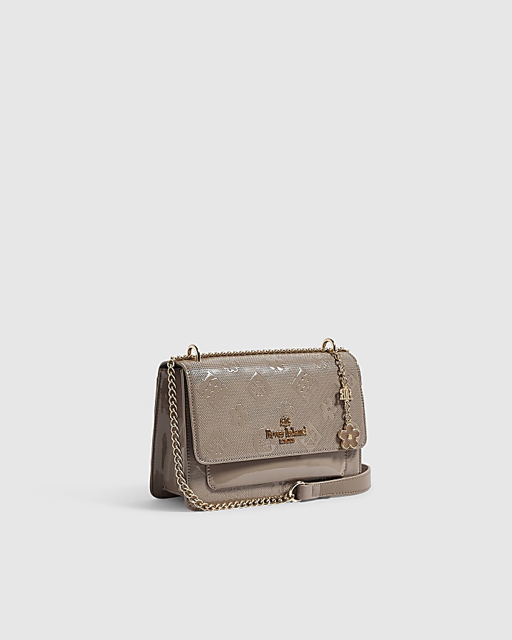 Beige Patent Embossed Pocket Shoulder Bag