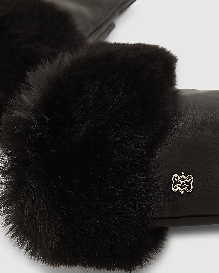 Black Faux Fur Cuff Leather Gloves