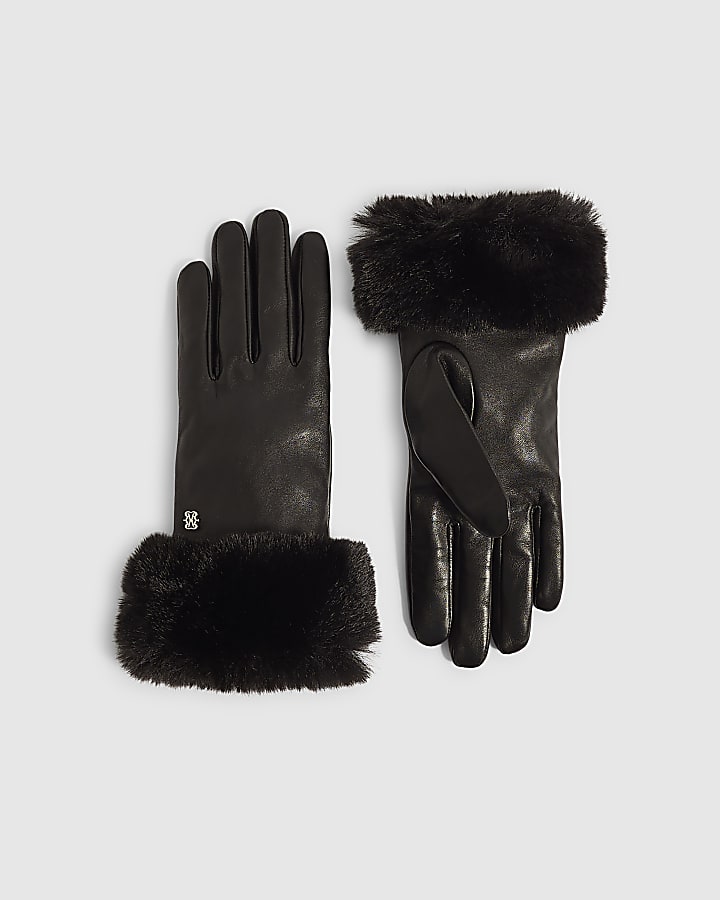 Black Faux Fur Cuff Leather Gloves