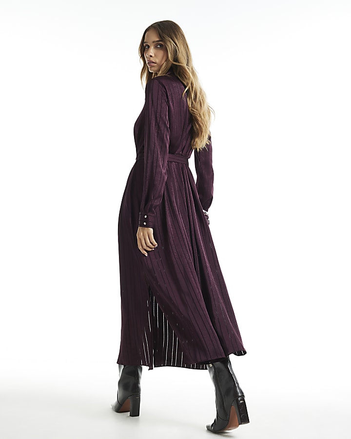 Burgundy Satin Stripe Midi Shirt Dress