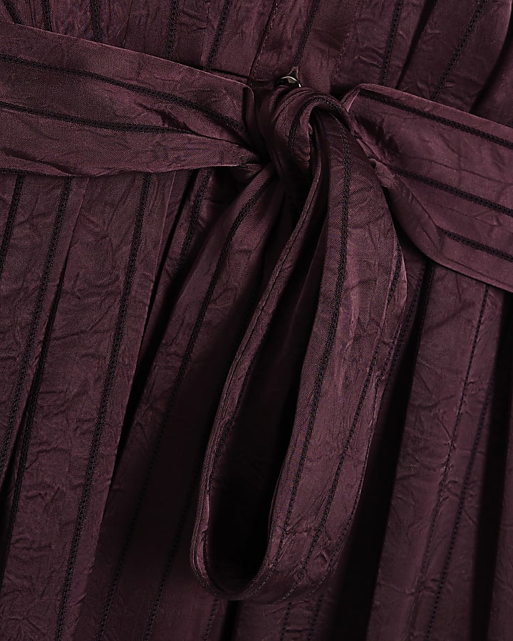 Burgundy Satin Stripe Midi Shirt Dress