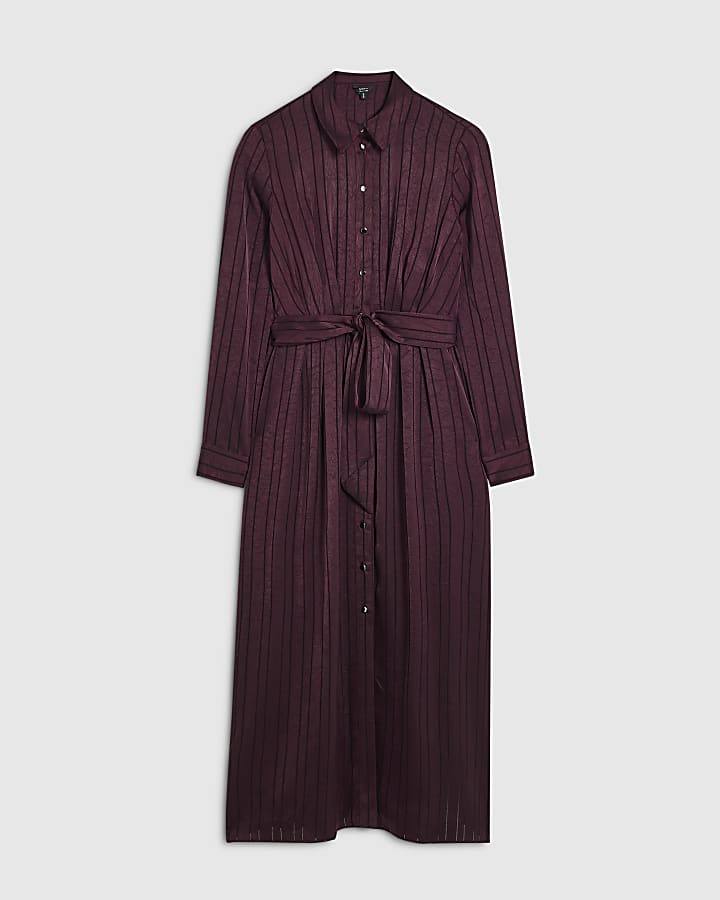Burgundy Satin Stripe Midi Shirt Dress