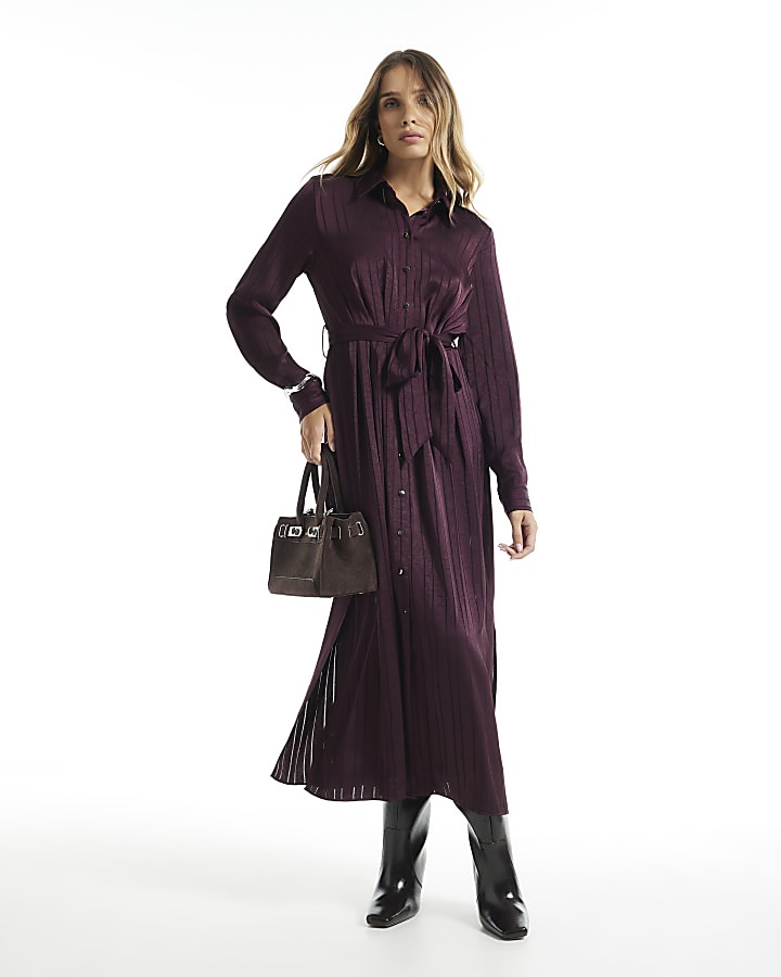 Burgundy Satin Stripe Midi Shirt Dress