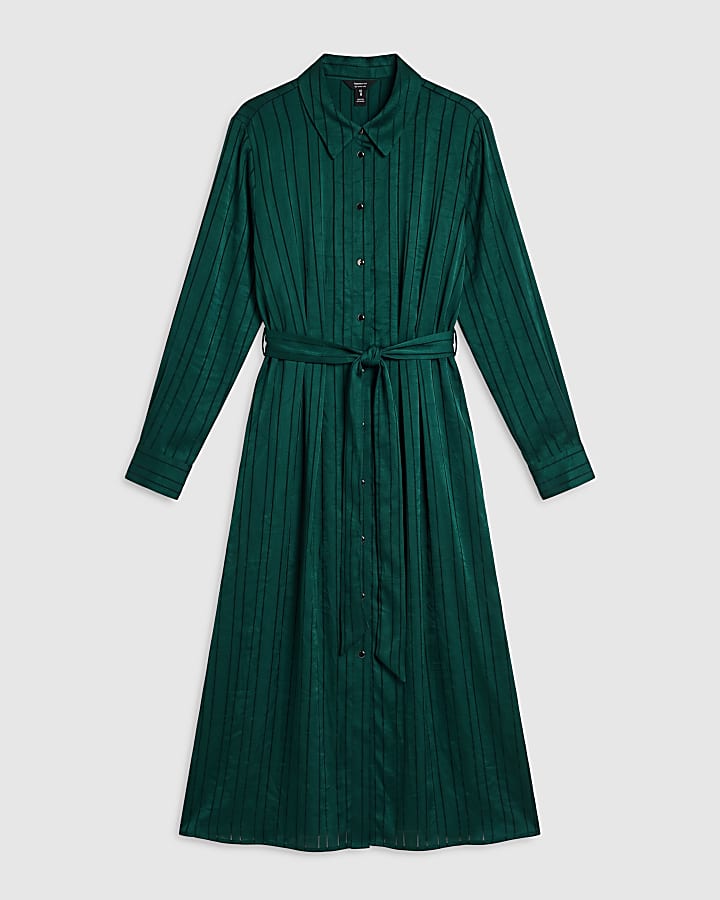 Green Stripe Belted Midi Shirt Dress