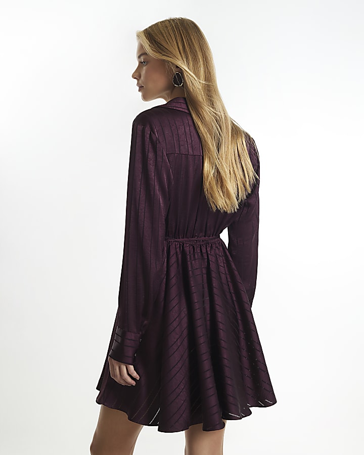 Burgundy Flippy Skirt Mini Shirt Dress