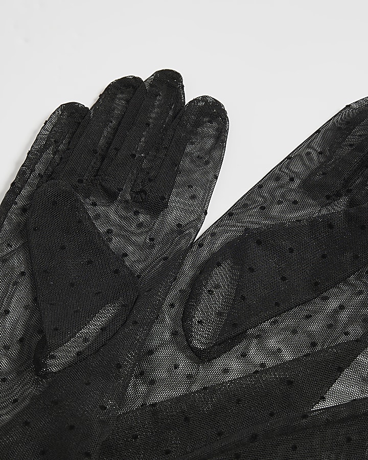Black Mesh Polkadot Long Gloves