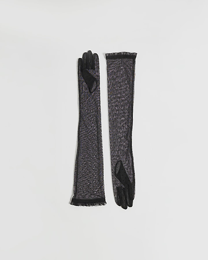 Black Mesh Polkadot Long Gloves