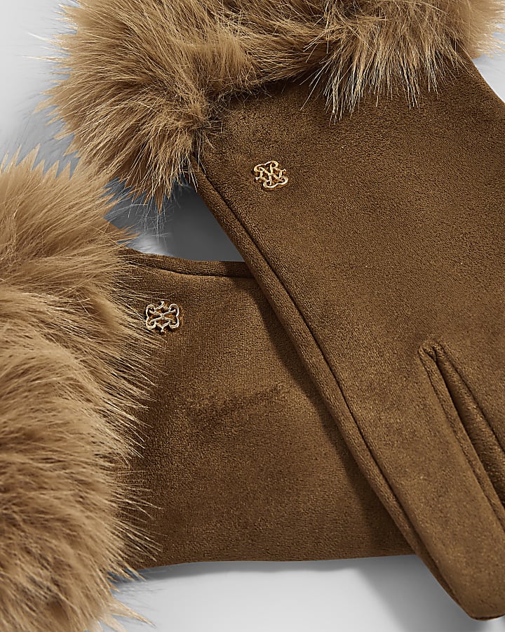 Brown Faux Suede Fur Trim Gloves