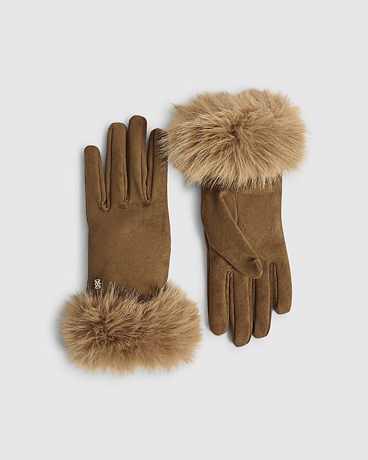 Brown Faux Suede Fur Trim Gloves