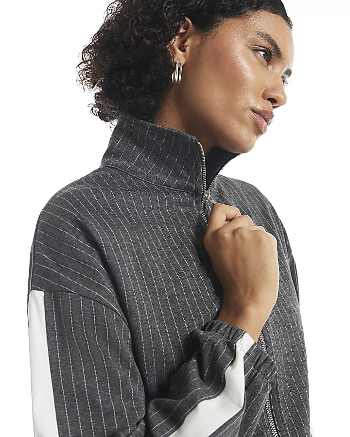 Grey Pinstripe Zip Tracksuit Top