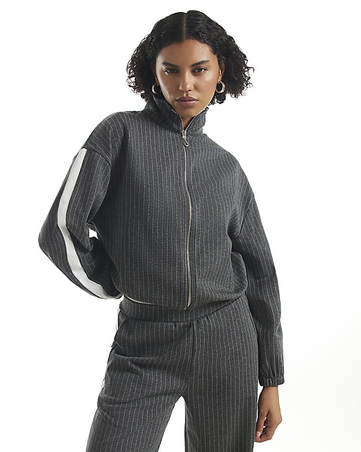 Grey Pinstripe Zip Tracksuit Top
