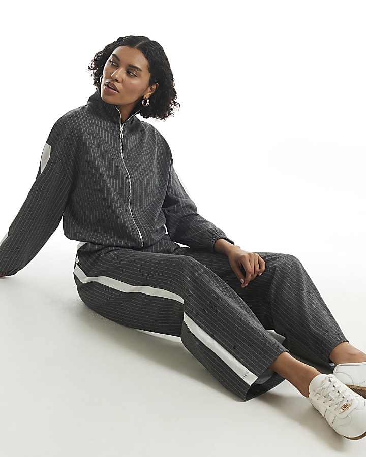 Grey Pinstripe Wide Leg Trousers