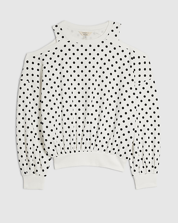 Cream Cold Shoulder Polka Dot Sweatshirt