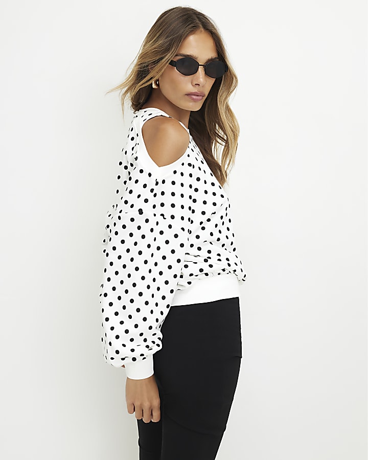 Cream Cold Shoulder Polka Dot Sweatshirt