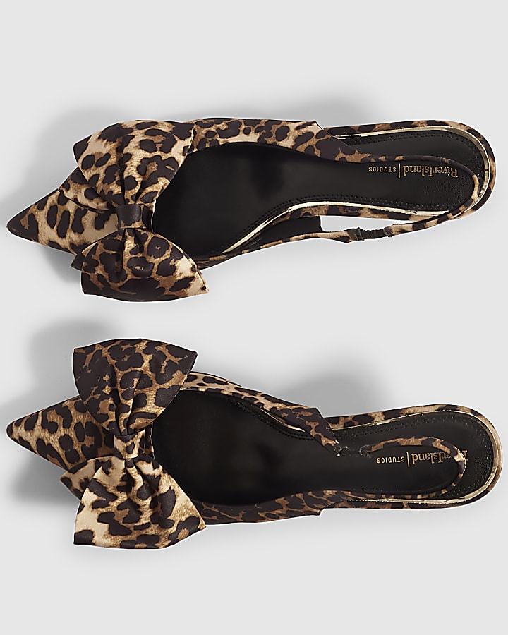 Brown Leopard Bow Kitten Heel Court Shoes