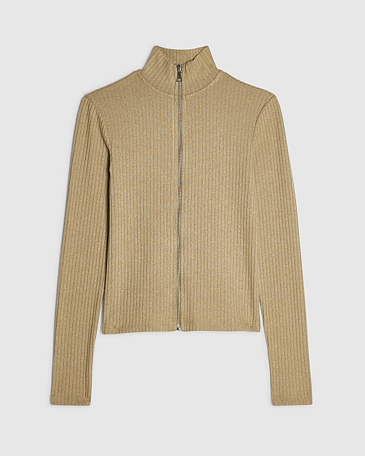 Beige Long Sleeve Zip Top