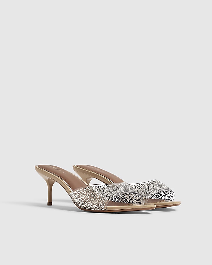 Pink Diamante Mule Heeled Sandals