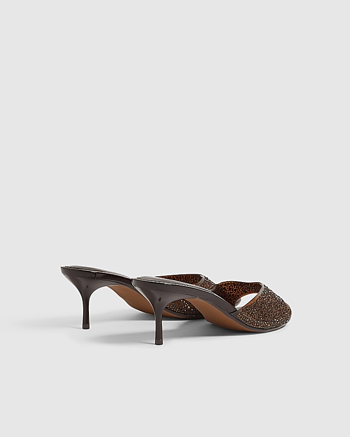 Brown Diamante Mule Heeled Sandals