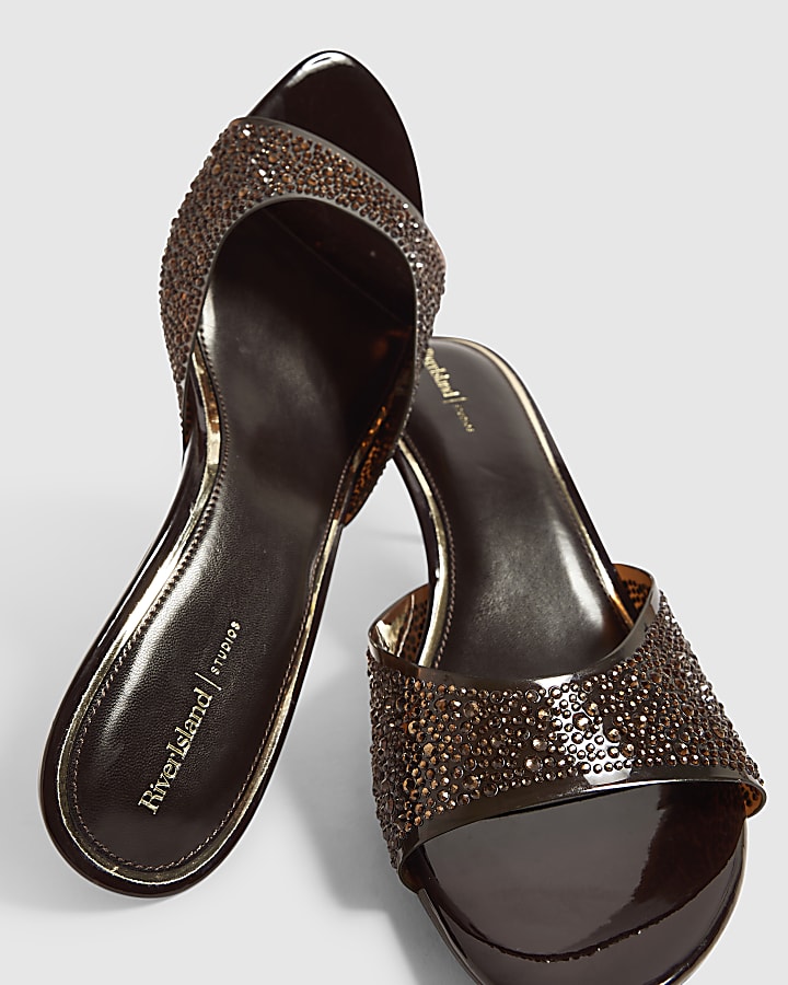 Brown Diamante Mule Heeled Sandals