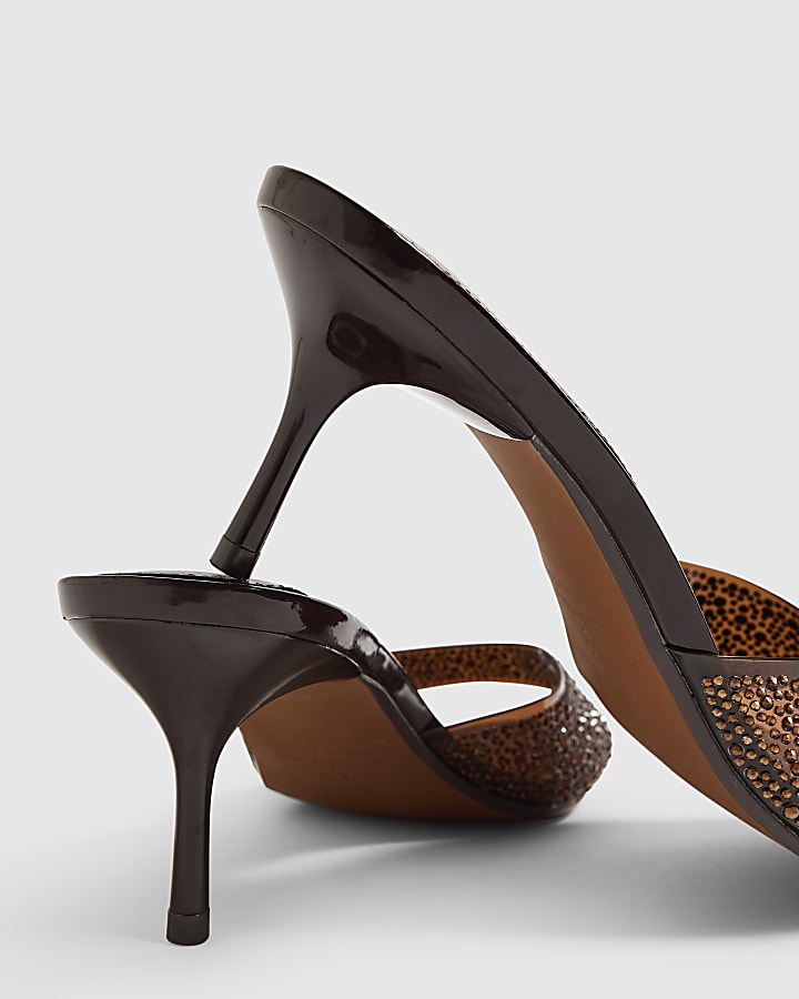 Brown Diamante Mule Heeled Sandals