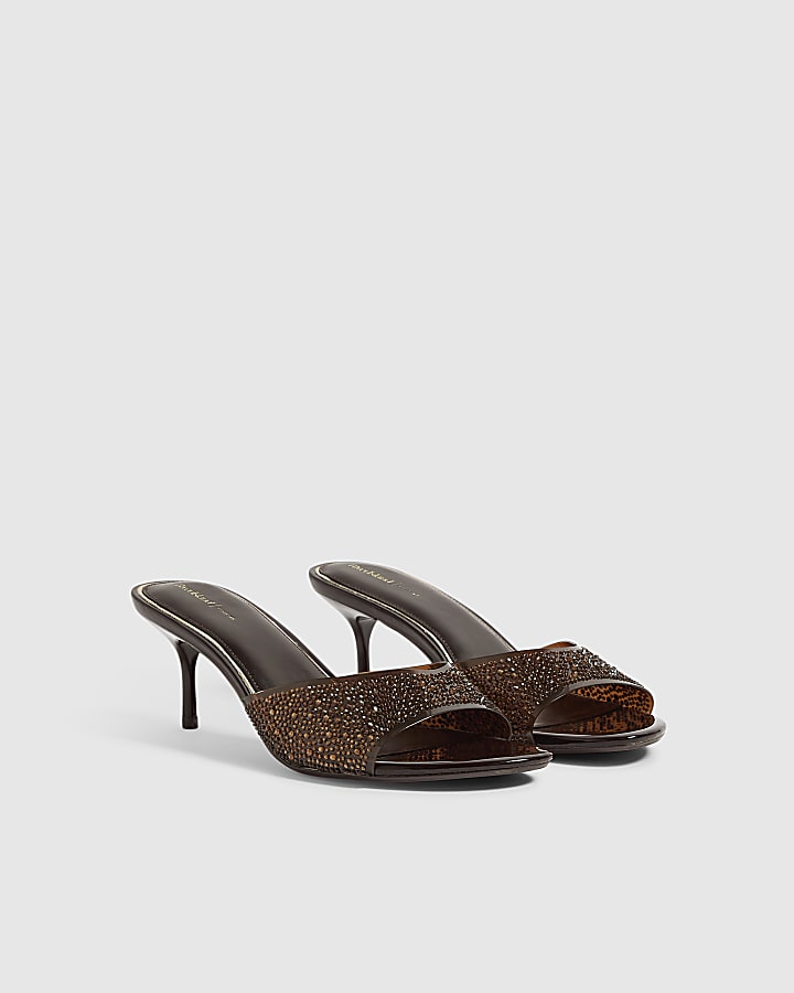 Brown Diamante Mule Heeled Sandals