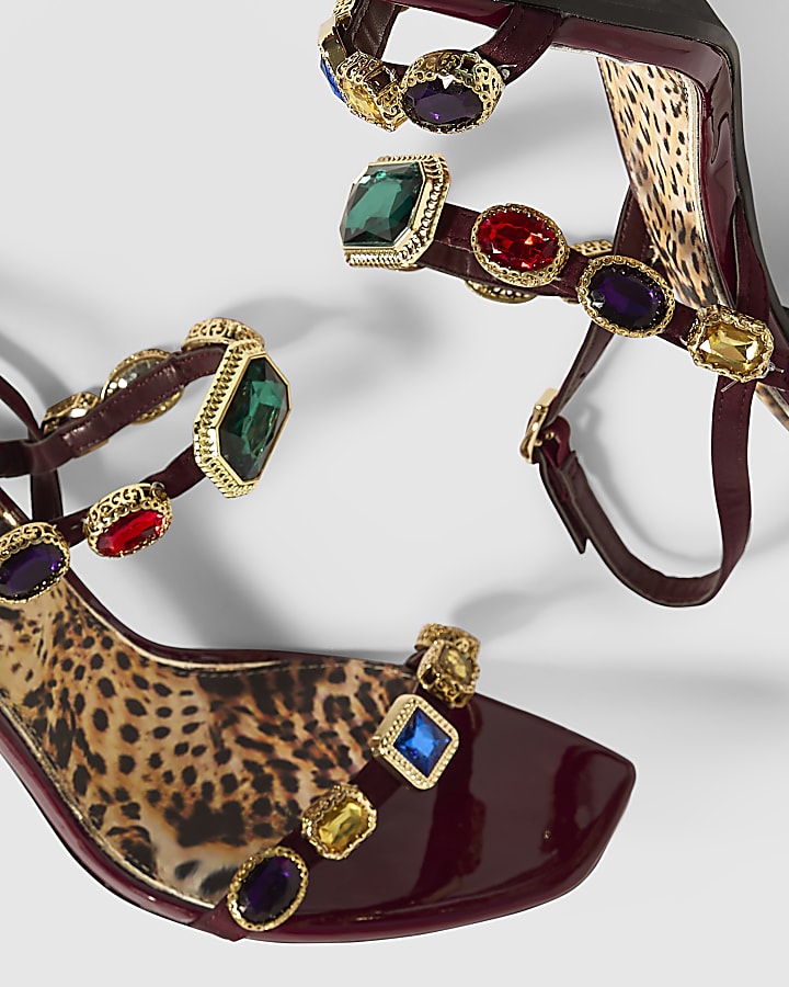 Burgundy Gem Mid Heeled Sandals