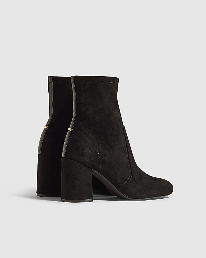 Black Faux Suede Square Heel Stretch Boots
