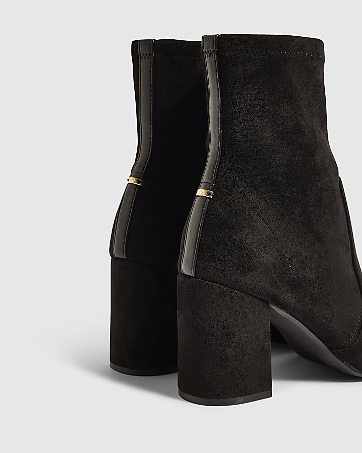 Black Faux Suede Square Heel Stretch Boots