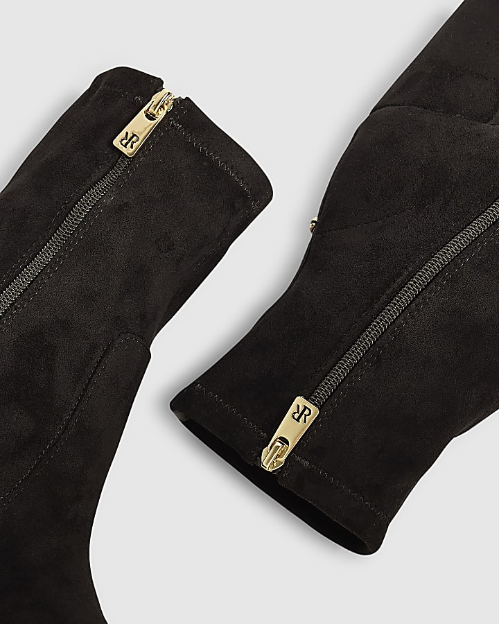 Black Faux Suede Square Heel Stretch Boots