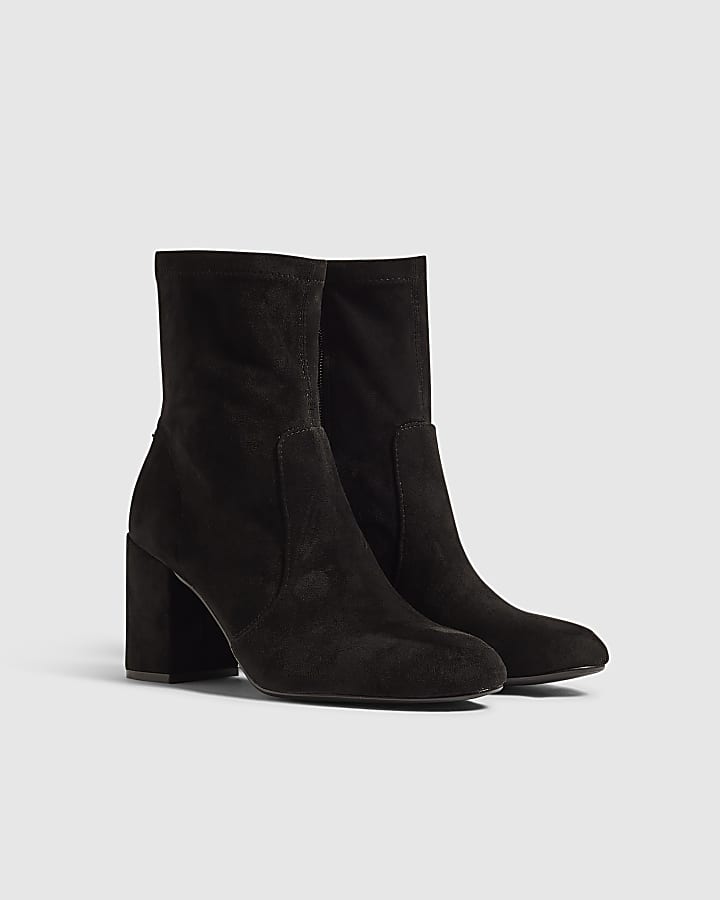 Black Faux Suede Square Heel Stretch Boots