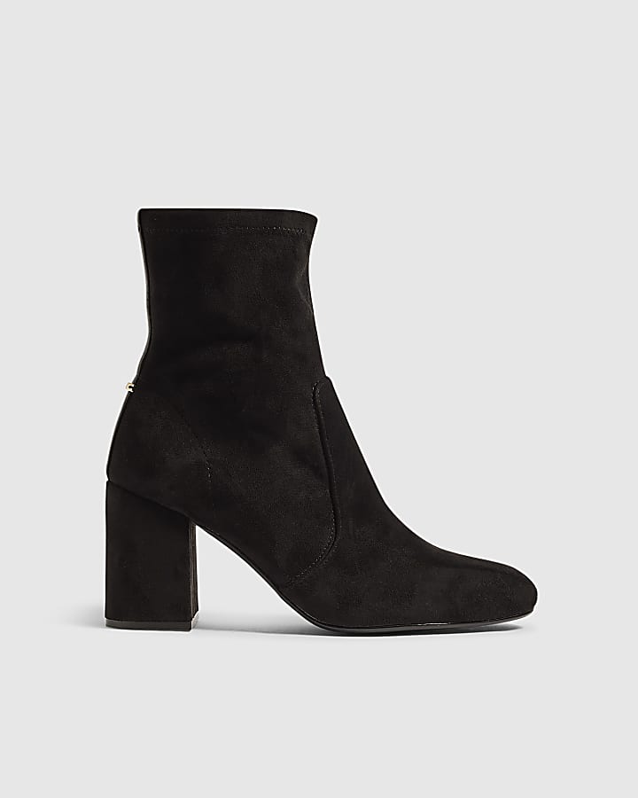 Black Faux Suede Square Heel Stretch Boots