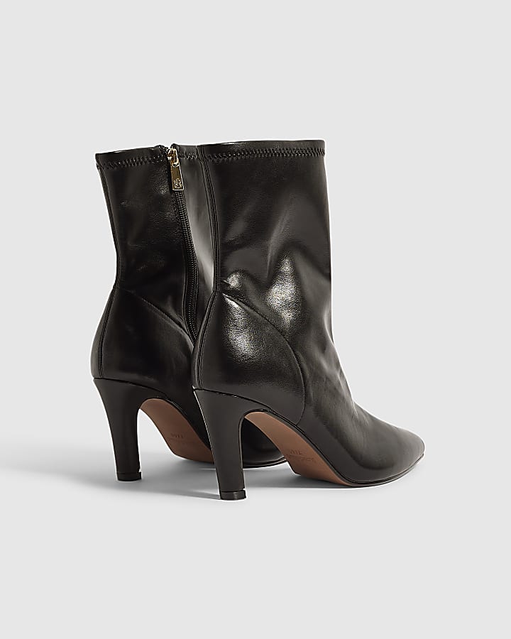 Black Faux Leather Stretch Sock Ankle Boots