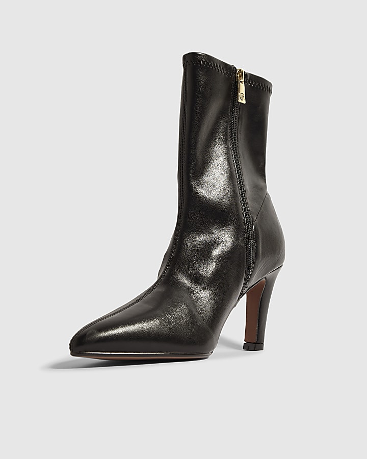 Black Faux Leather Stretch Sock Ankle Boots