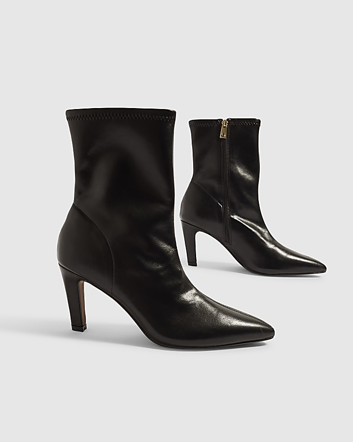 Black Faux Leather Stretch Sock Ankle Boots