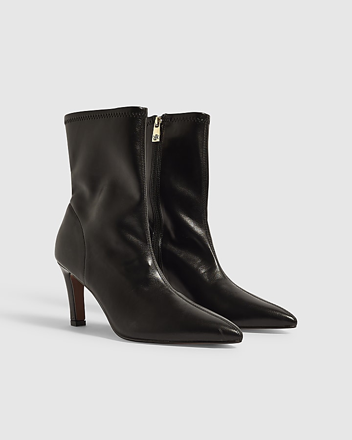 Black Faux Leather Stretch Sock Ankle Boots