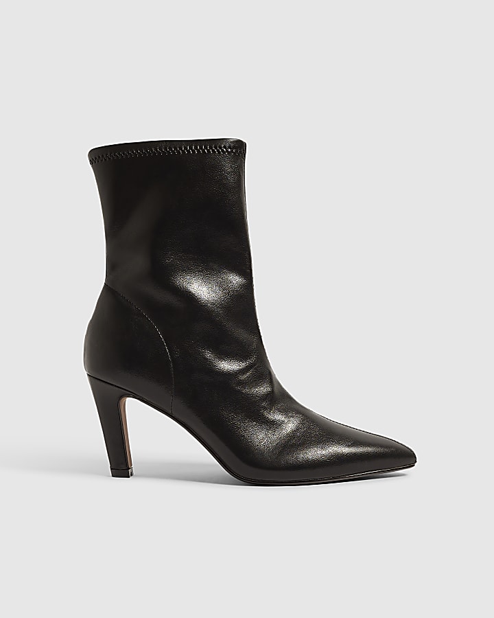 Black Faux Leather Stretch Sock Ankle Boots