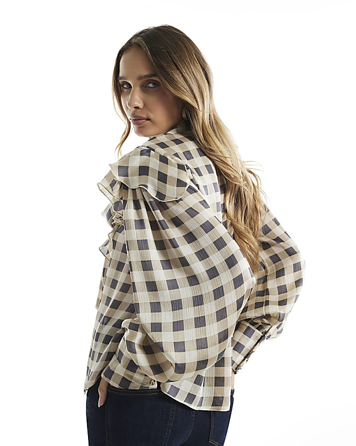 Cream Check Pussybow Long Sleeve Blouse