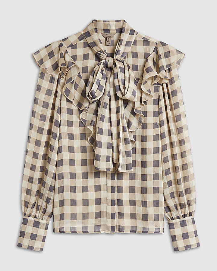 Cream Check Pussybow Long Sleeve Blouse