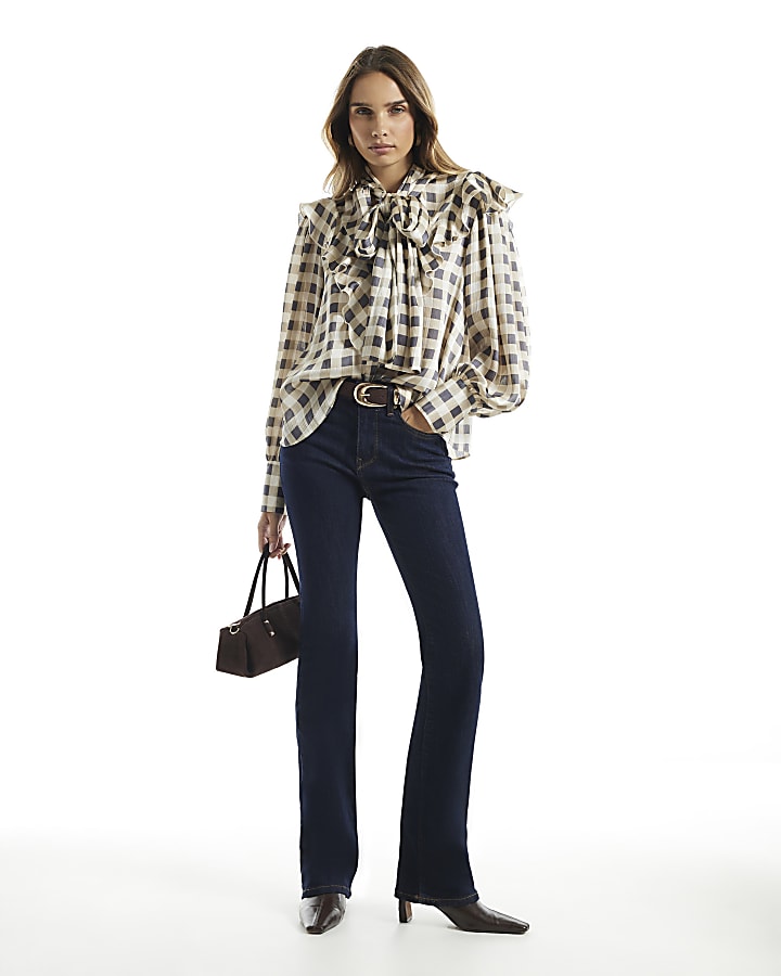 Cream Check Pussybow Long Sleeve Blouse