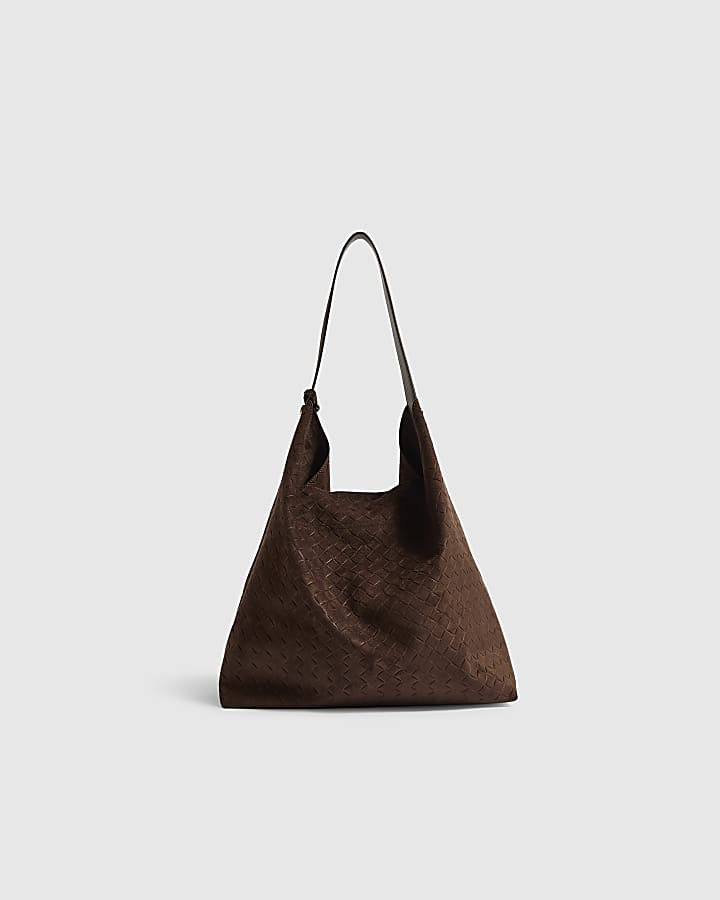Brown Faux Suede Weave Charm Slouch Bag