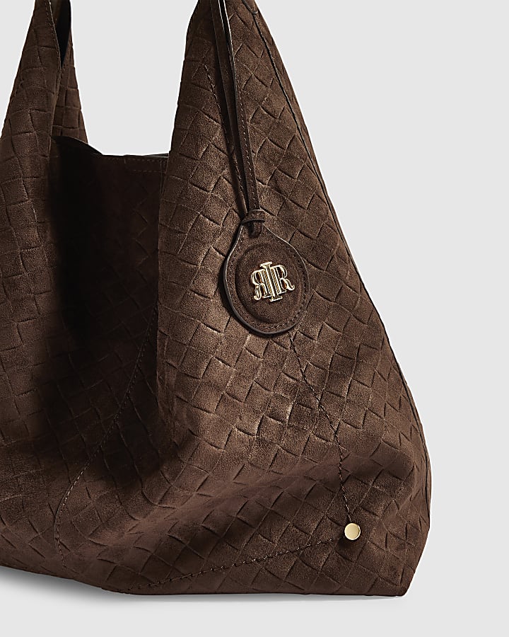 Brown Faux Suede Weave Charm Slouch Bag