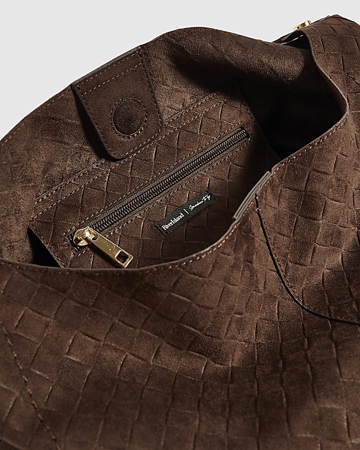 Brown Faux Suede Weave Charm Slouch Bag