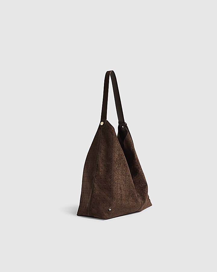 Brown Faux Suede Weave Charm Slouch Bag