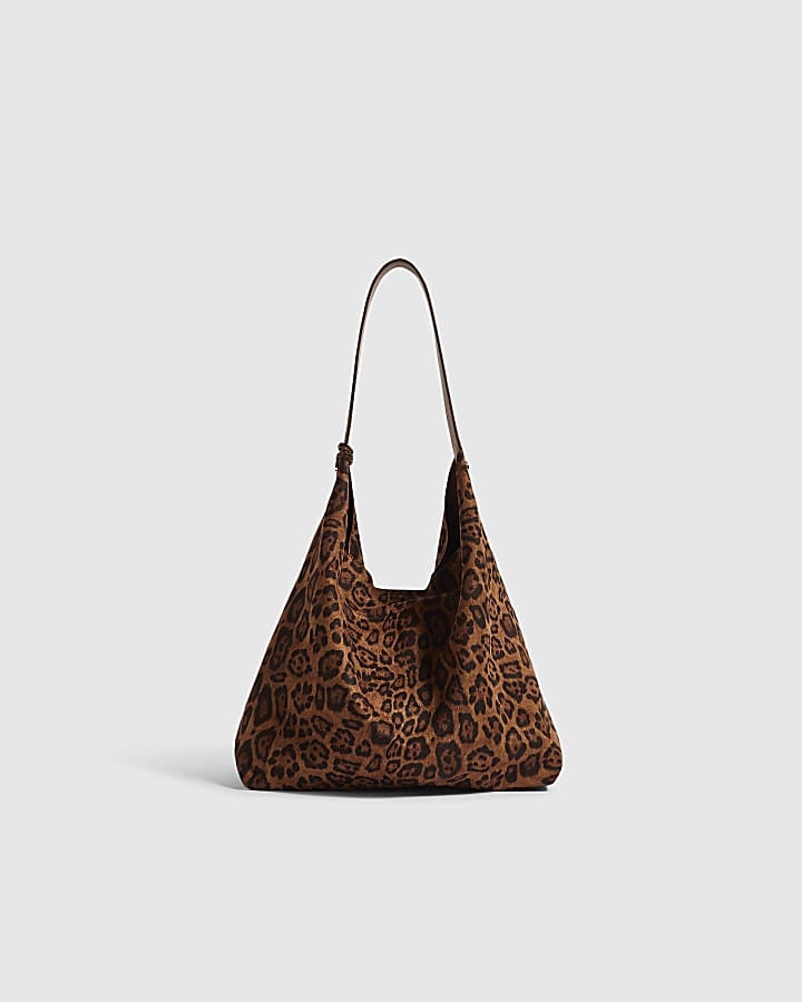 Brown Faux Suede Leopard Print Slouch Bag