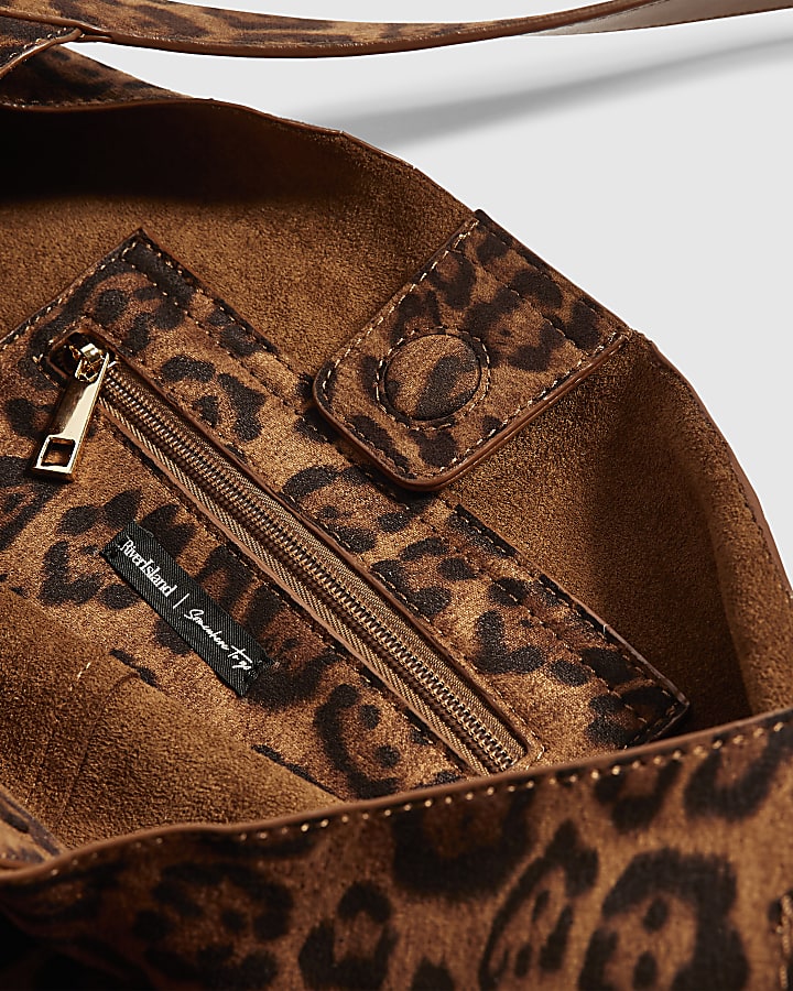 Brown Faux Suede Leopard Print Slouch Bag