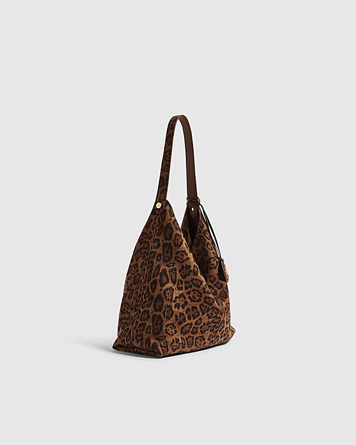 Brown Faux Suede Leopard Print Slouch Bag